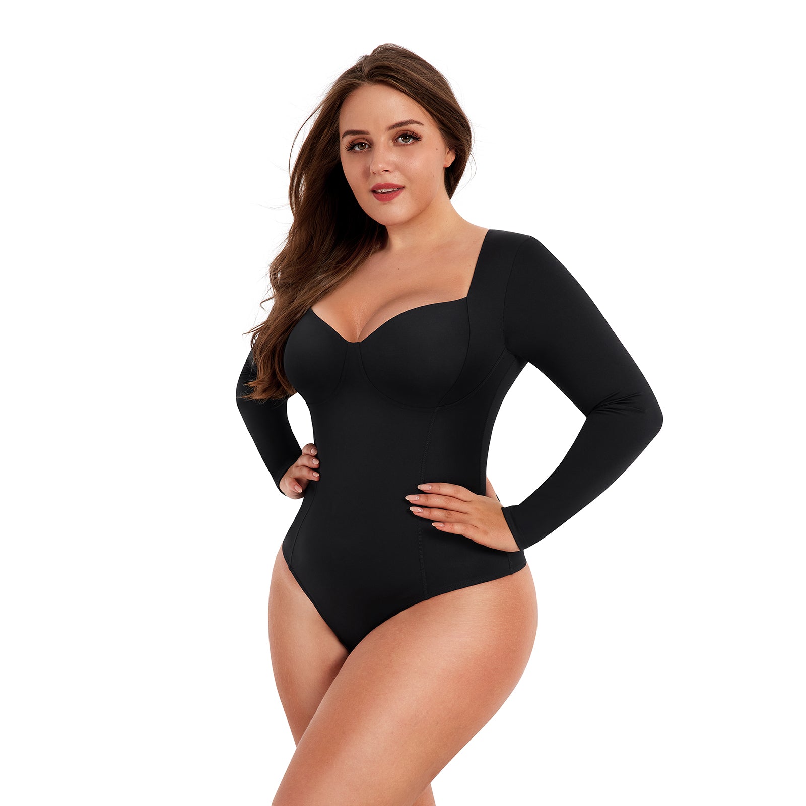 Bodysuit Shapewear - Black - Deep V-Neckline - Long Sleeve