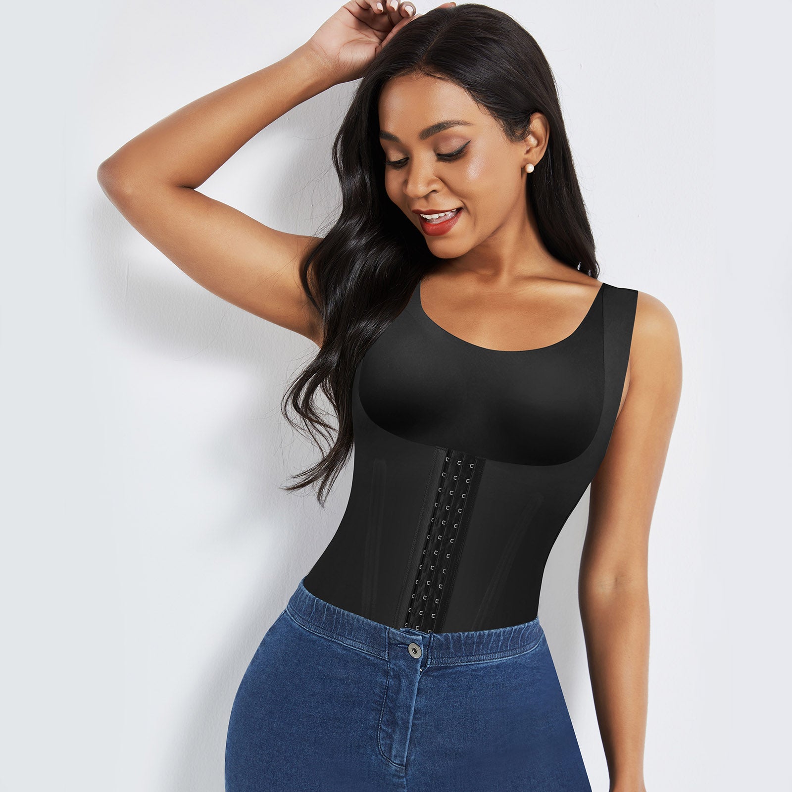4-in-1 Waist Trainer Corset Shapewear - Buttoned Tummy Control High Waist with Padded Bra - Black