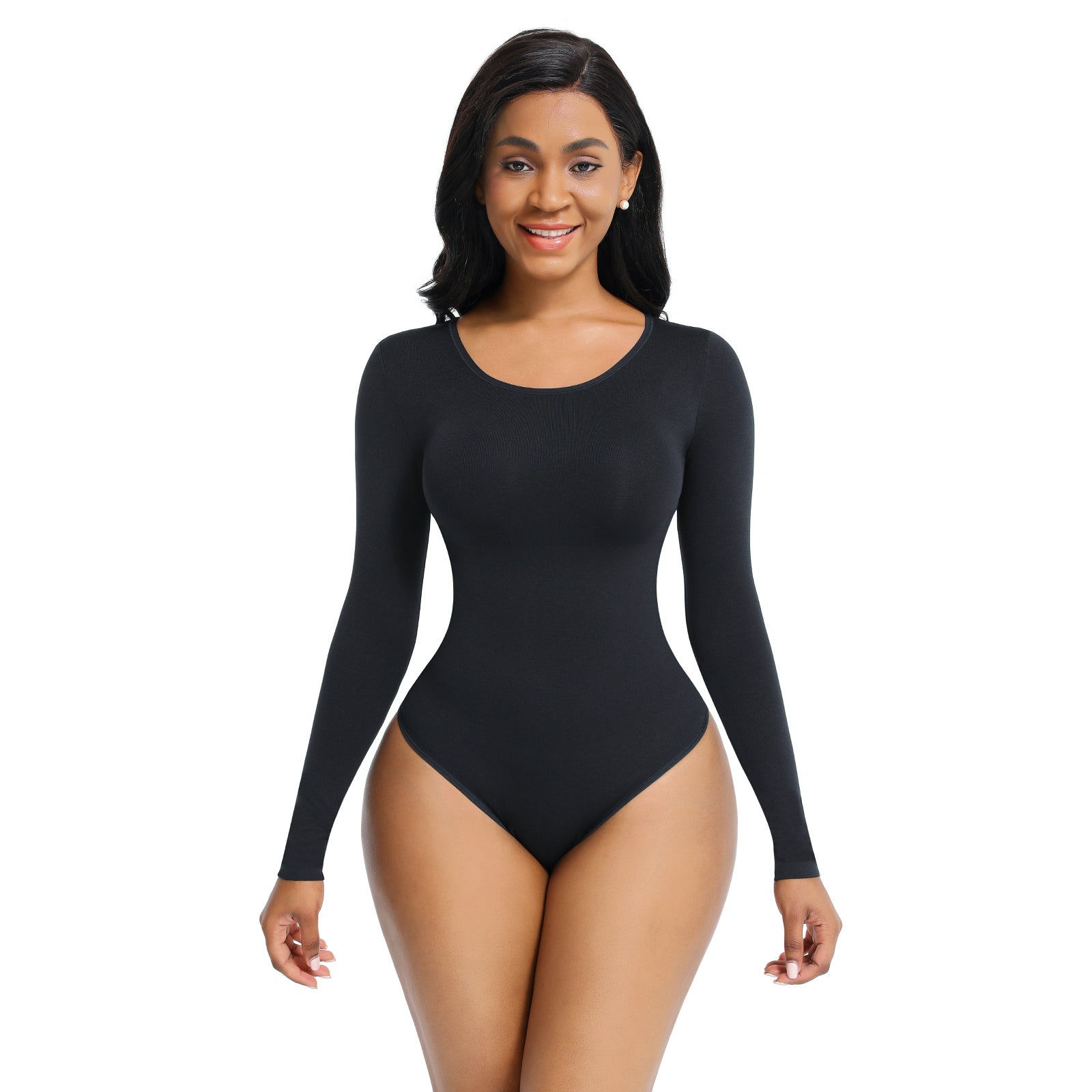 Bodysuit Shapewear - Black -  Round Neckline - Long Sleeve