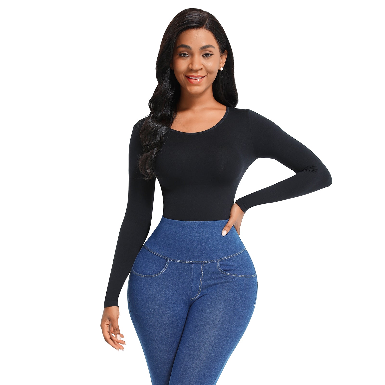 Bodysuit Shapewear - Black -  Round Neckline - Long Sleeve