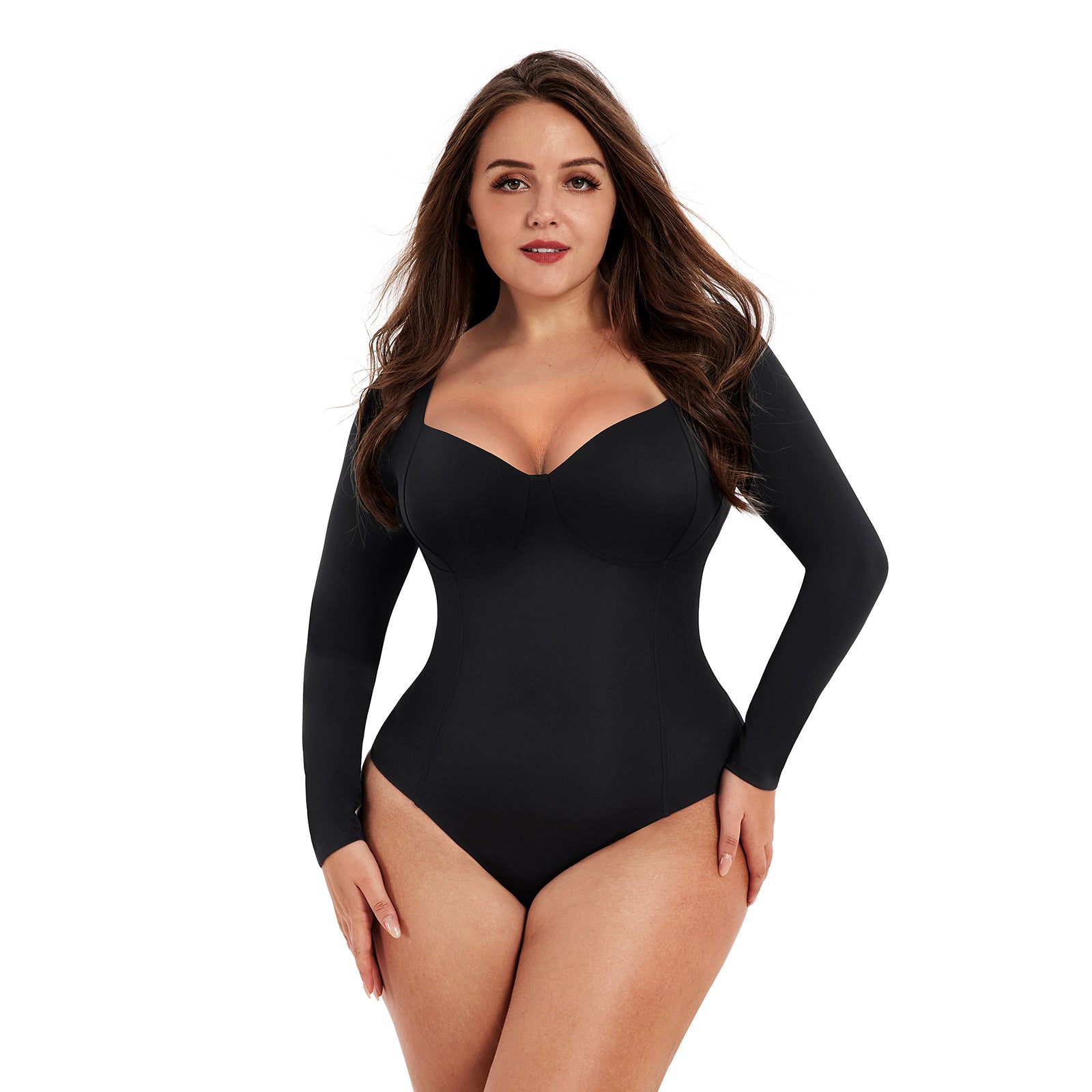 Bodysuit Shapewear - Black - Deep V-Neckline - Long Sleeve