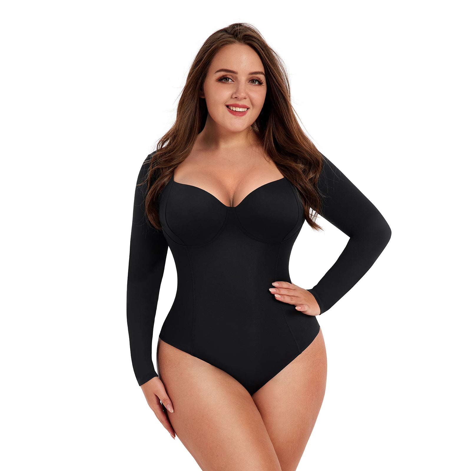 Bodysuit Shapewear - Black - Deep V-Neckline - Long Sleeve