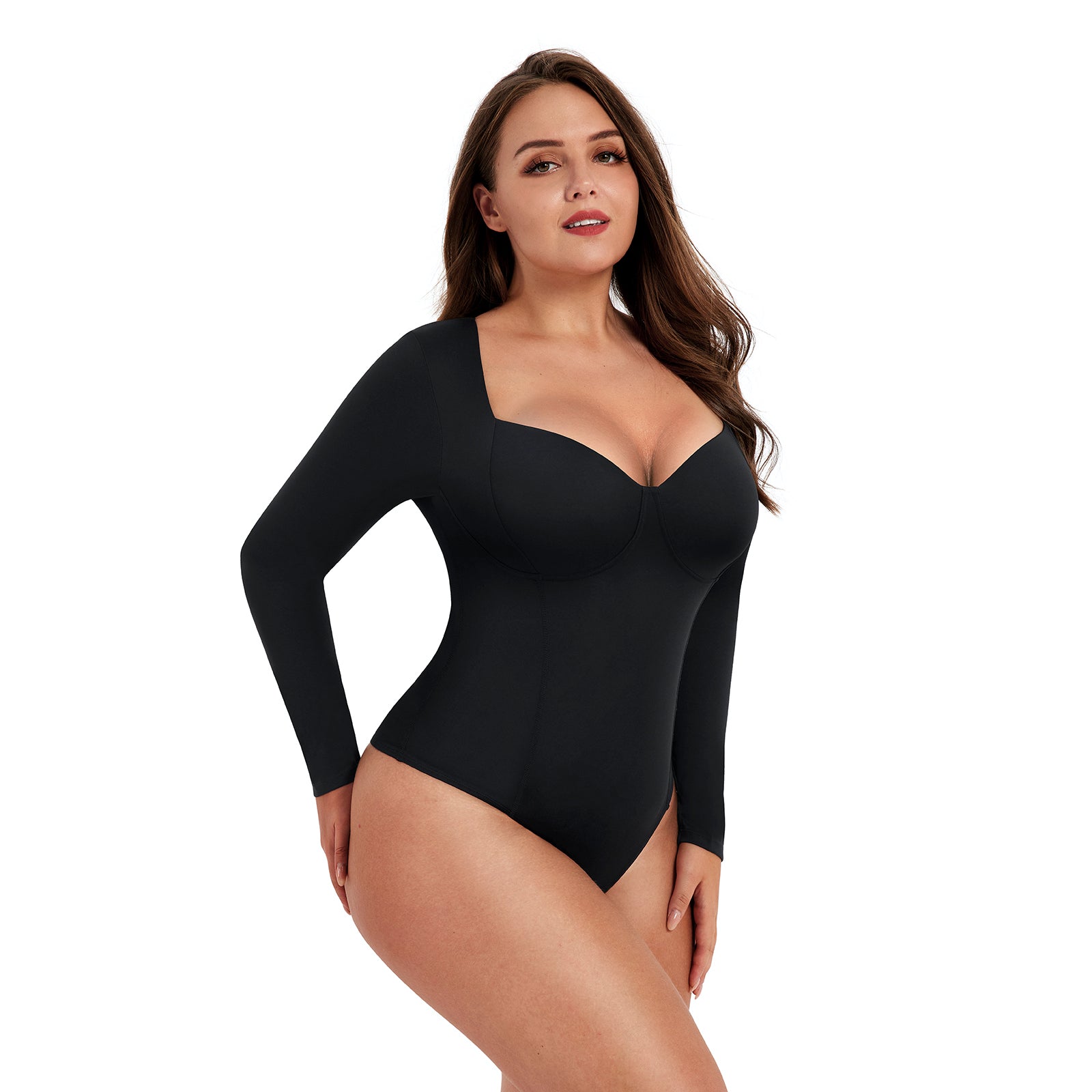 Bodysuit Shapewear - Black - Deep V-Neckline - Long Sleeve