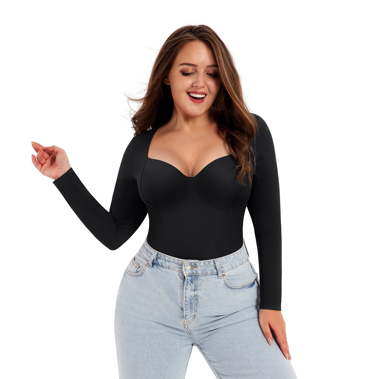 Bodysuit Shapewear - Black - Deep V-Neckline - Long Sleeve