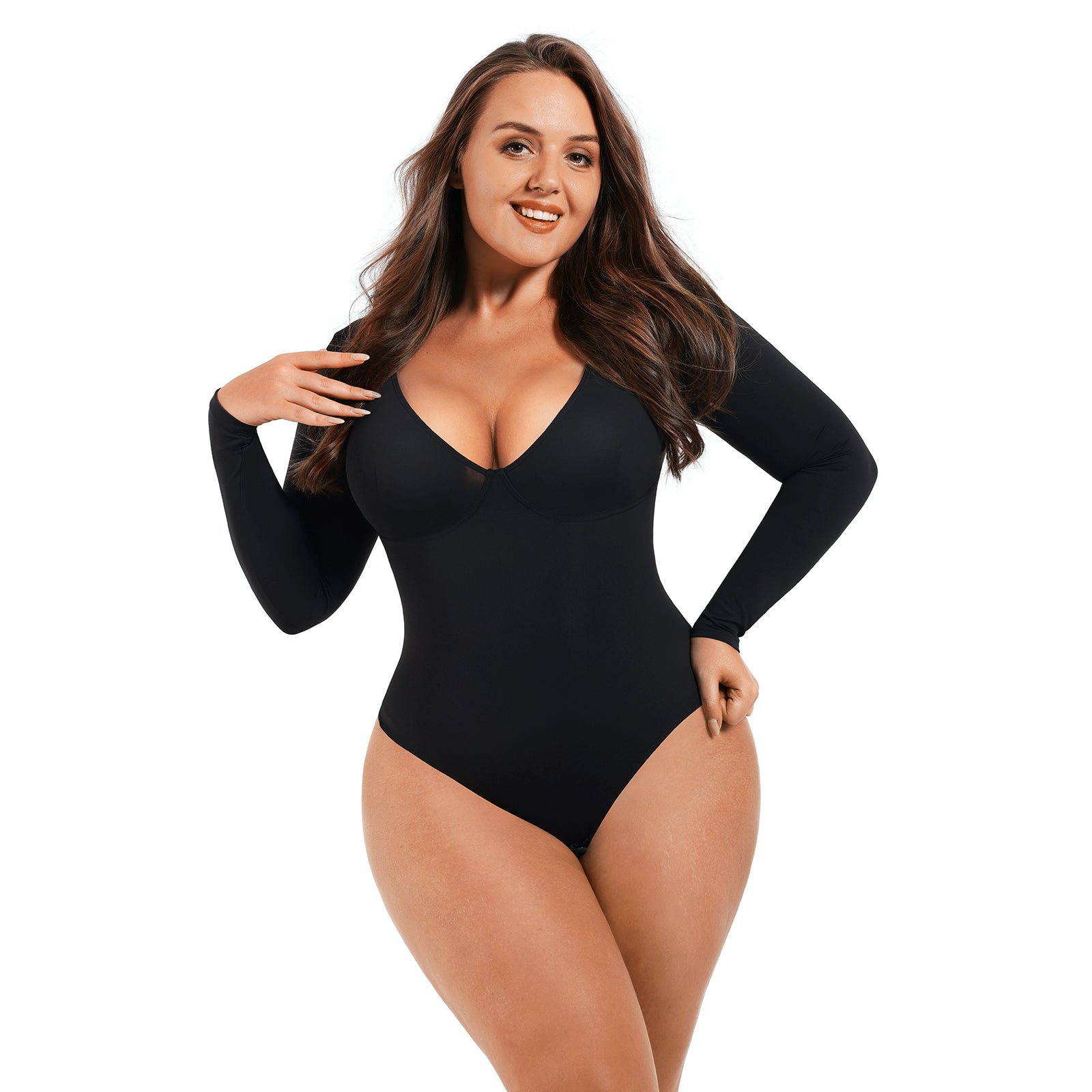 Bodysuit Shapewear - Black - V-Neckline - Long Sleeve