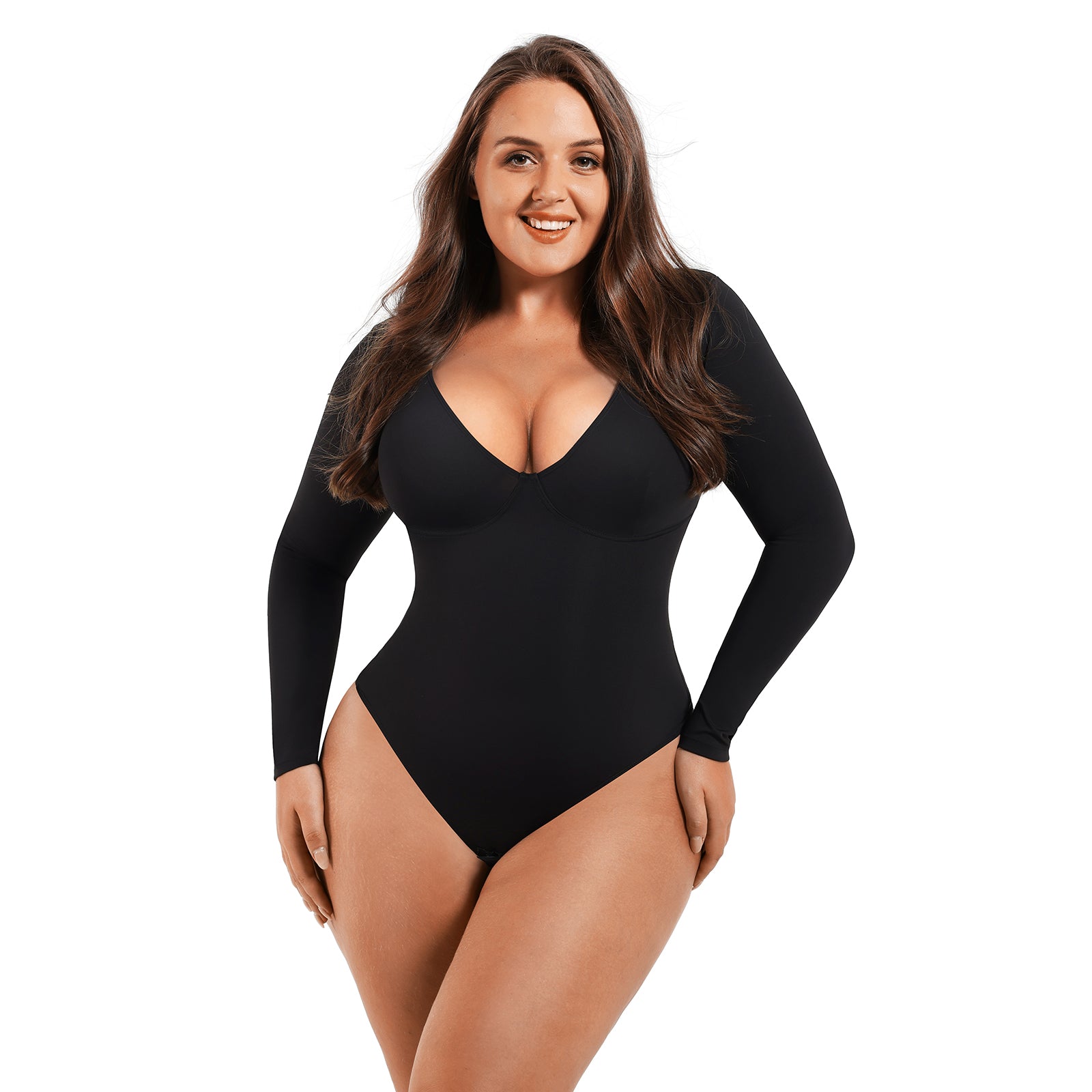 Bodysuit Shapewear - Black - V-Neckline - Long Sleeve