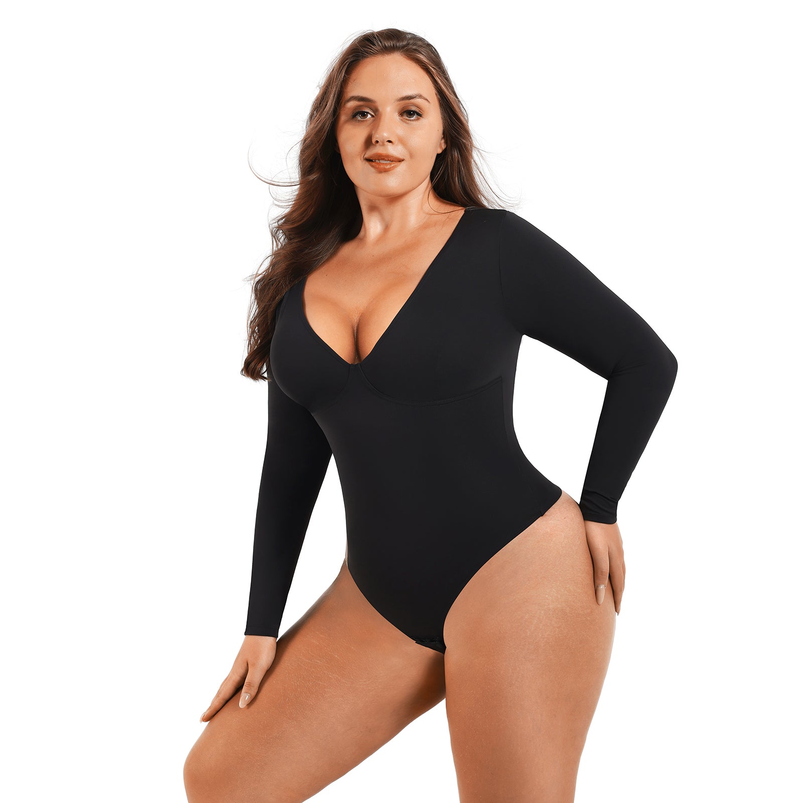 Bodysuit Shapewear - Black - V-Neckline - Long Sleeve