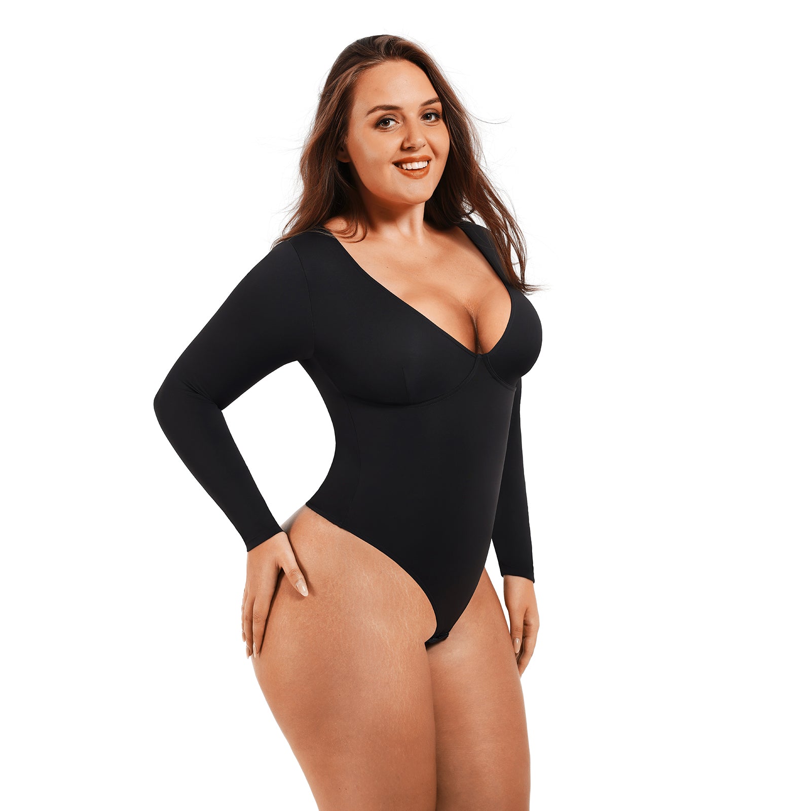 Bodysuit Shapewear - Black - V-Neckline - Long Sleeve