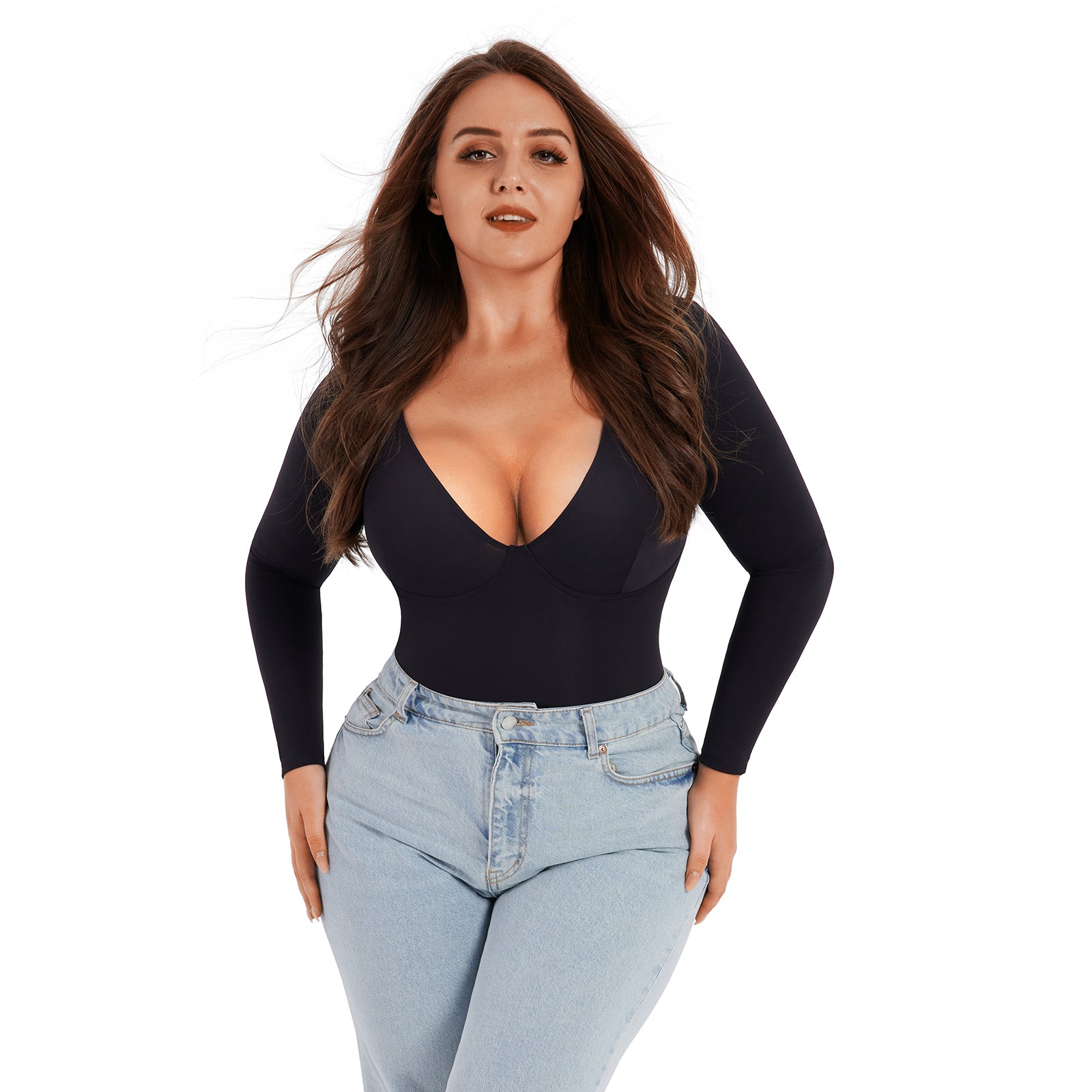 Bodysuit Shapewear - Black - V-Neckline - Long Sleeve