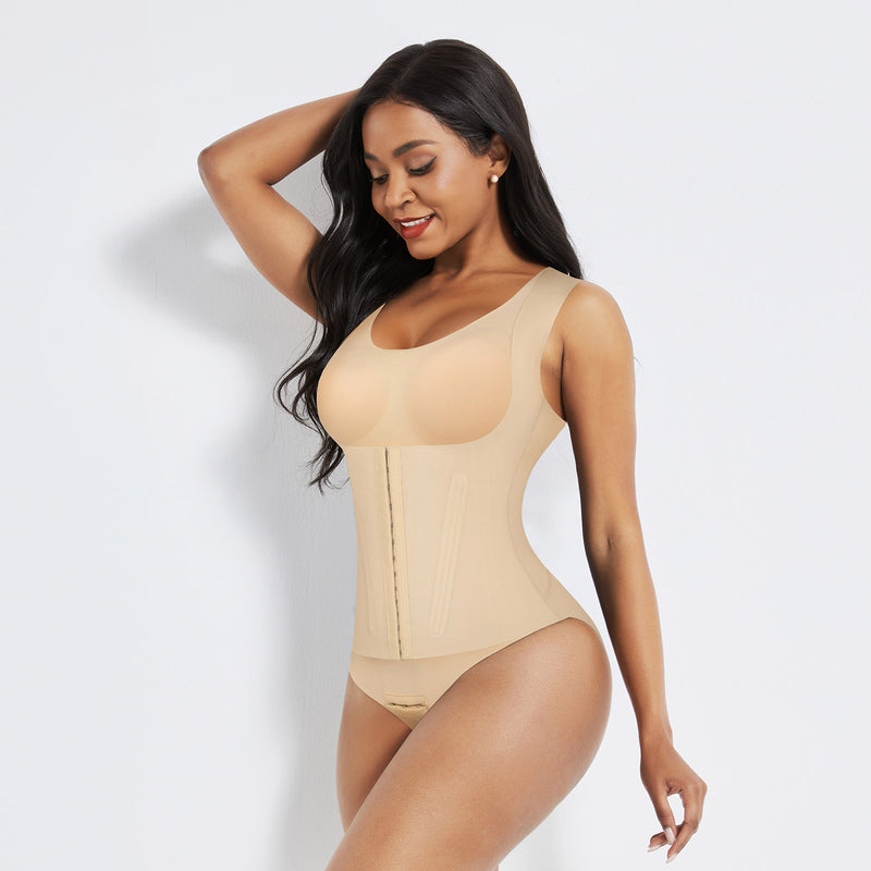 4-in-1 Waist Trainer Corset Shapewear - Buttoned Tummy Control High Waist with Padded Bra - Nude