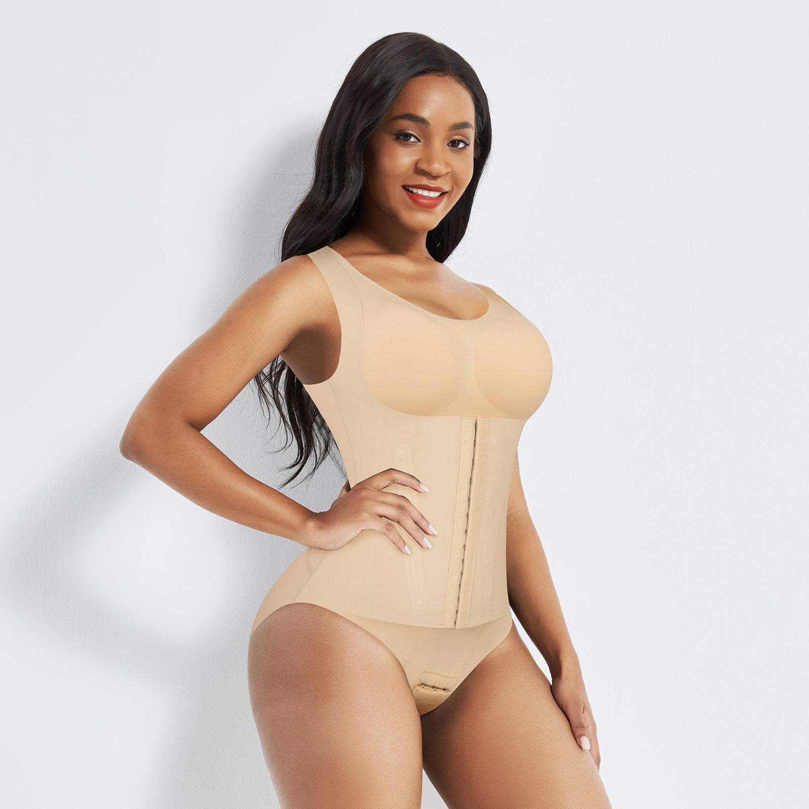 4-in-1 Waist Trainer Corset Shapewear - Buttoned Tummy Control High Waist with Padded Bra - Nude