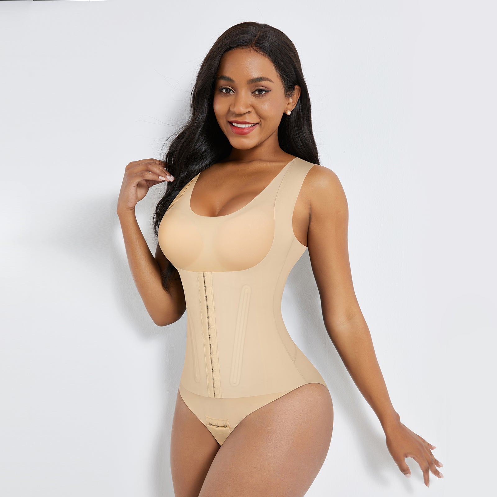 4-in-1 Waist Trainer Corset Shapewear - Buttoned Tummy Control High Waist with Padded Bra - Nude