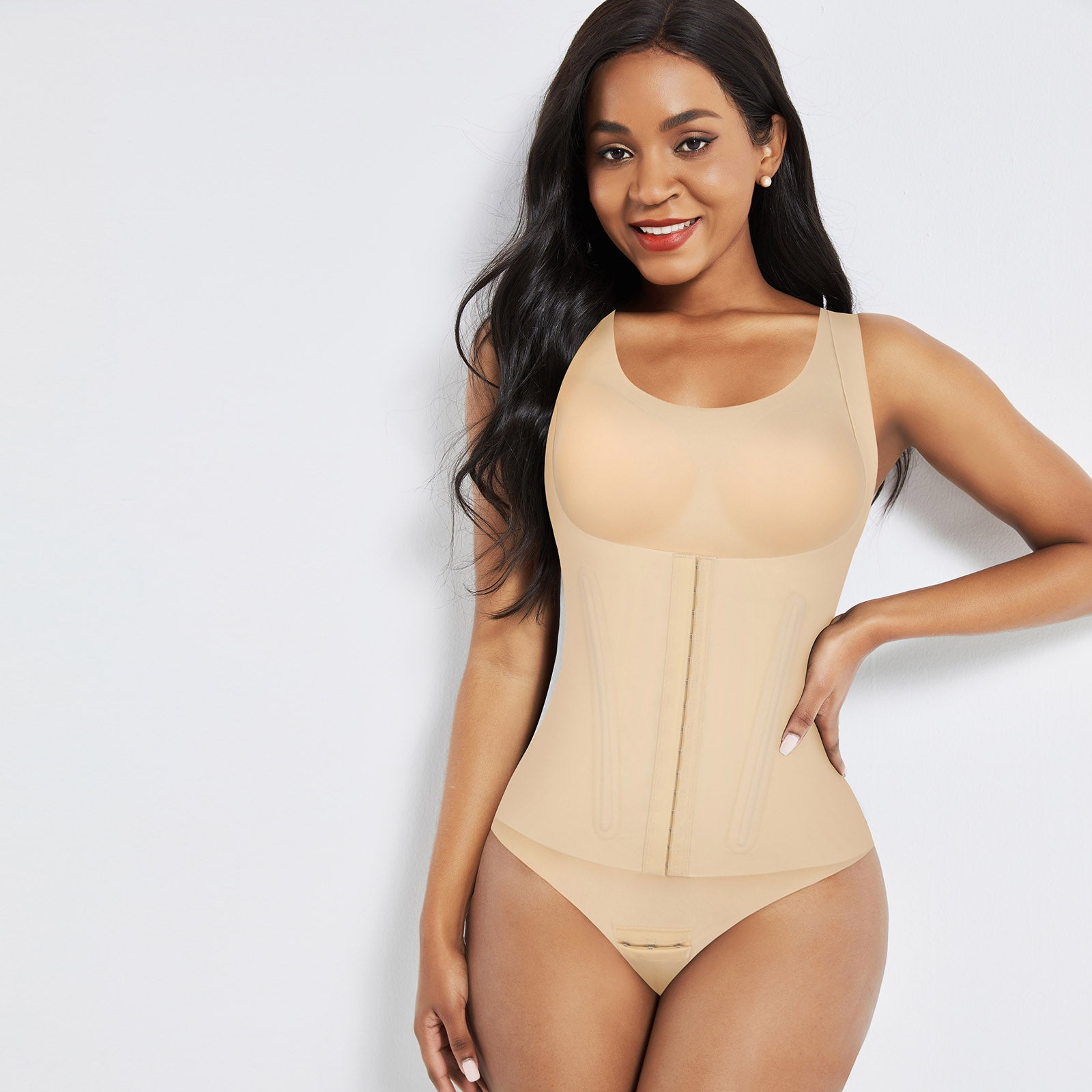 4-in-1 Waist Trainer Corset Shapewear - Buttoned Tummy Control High Waist with Padded Bra - Nude