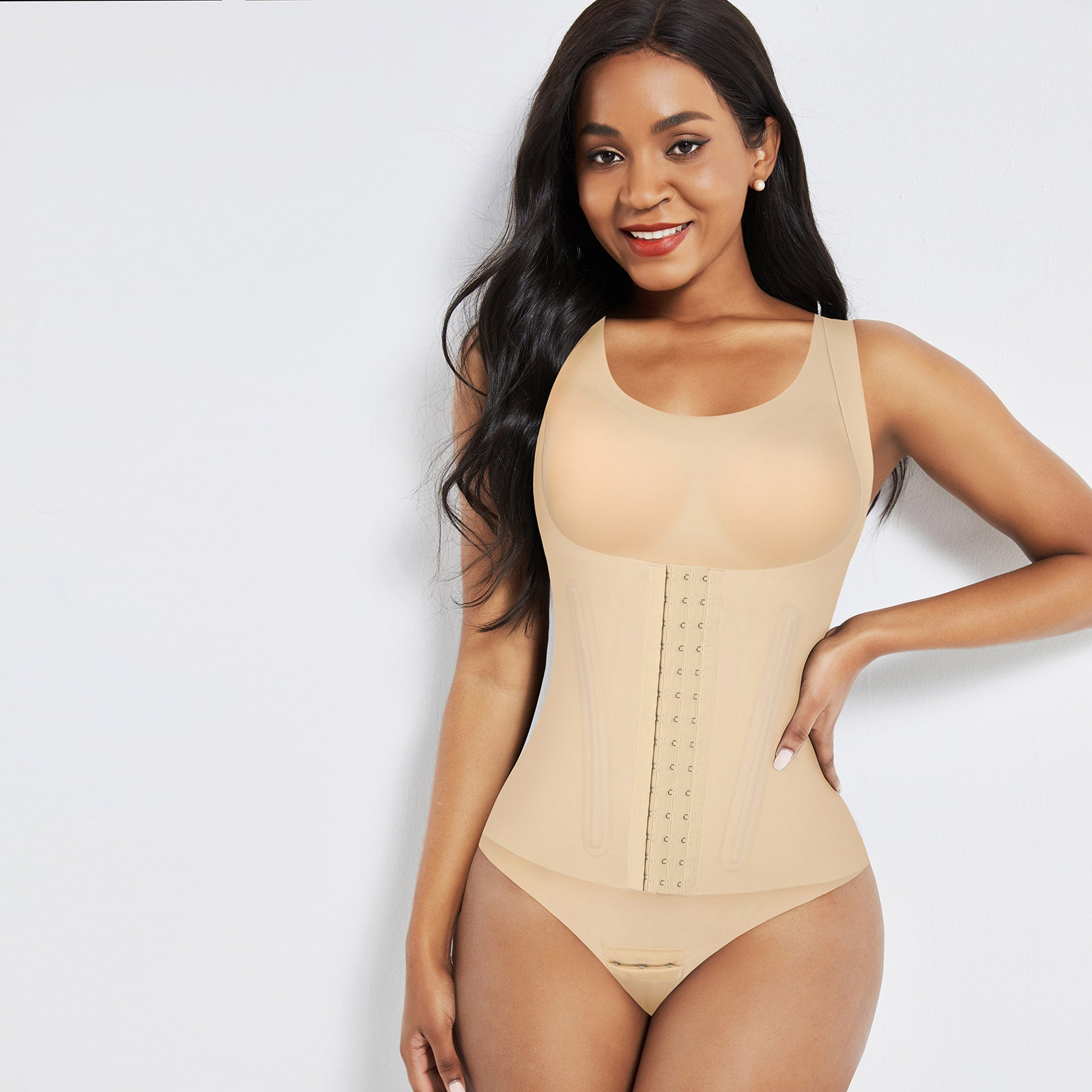 4-in-1 Waist Trainer Corset Shapewear - Buttoned Tummy Control High Waist with Padded Bra - Nude