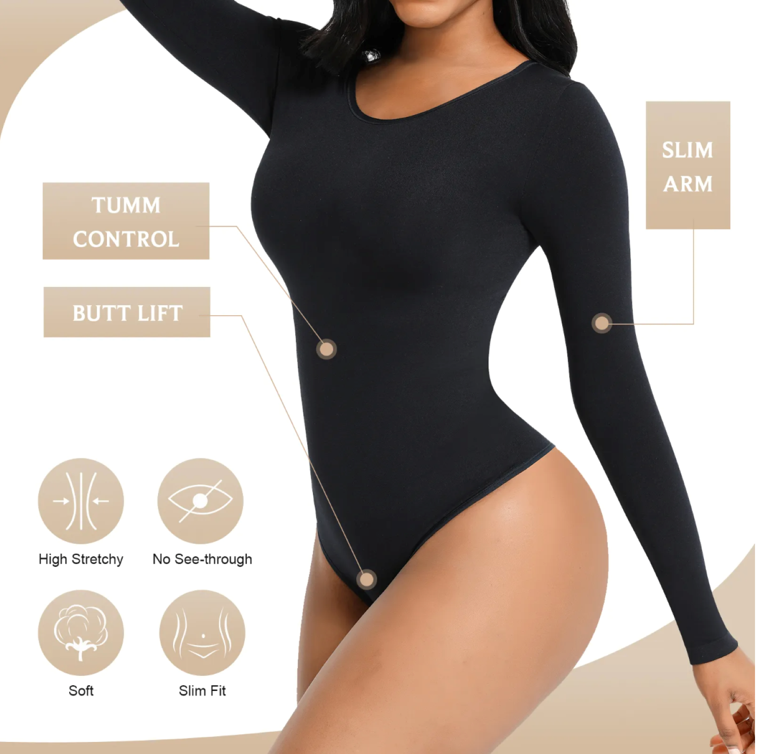 Bodysuit Shapewear - Black -  Round Neckline - Long Sleeve