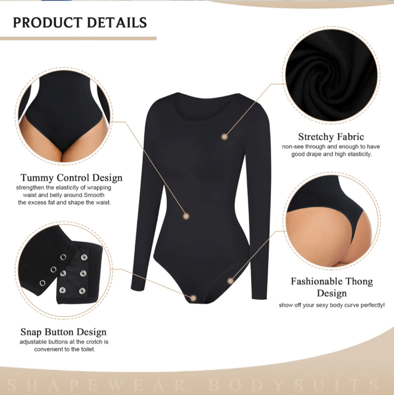 Bodysuit Shapewear - Black - Round Neckline - Long Sleeve – Tanfit