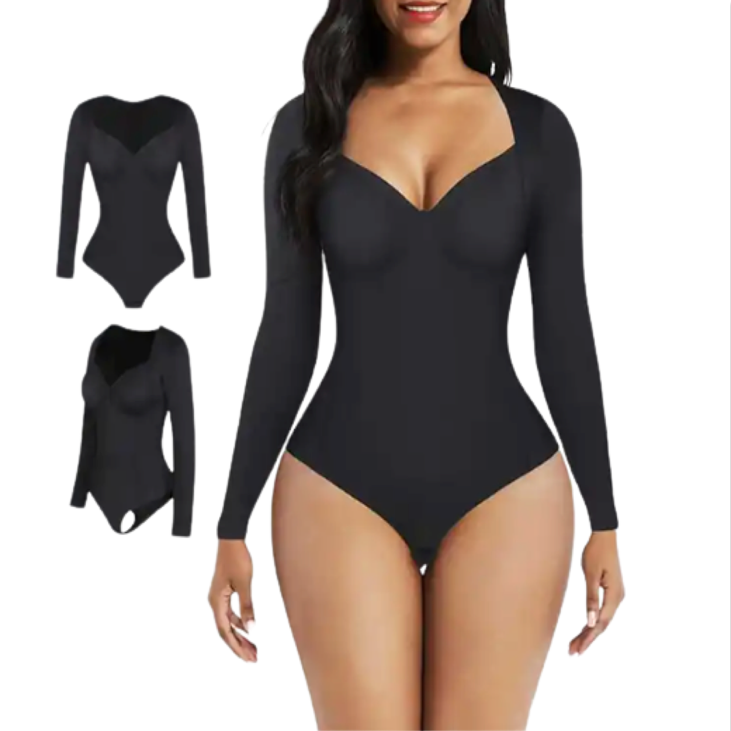 Bodysuit Shapewear - Black - Deep V-Neckline - Long Sleeve