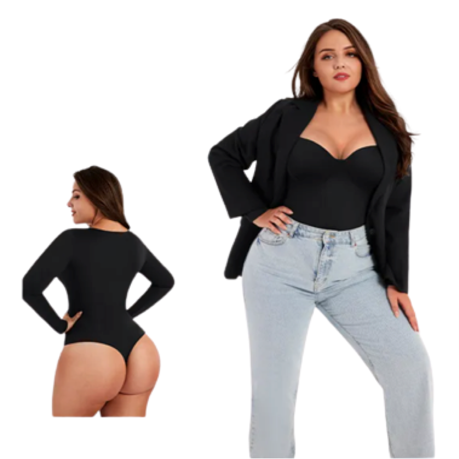 Bodysuit Shapewear - Black - Deep V-Neckline - Long Sleeve