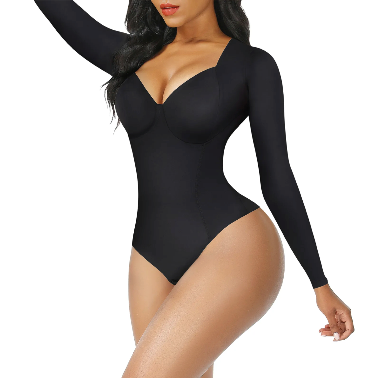 Bodysuit Shapewear - Black - Deep V-Neckline - Long Sleeve