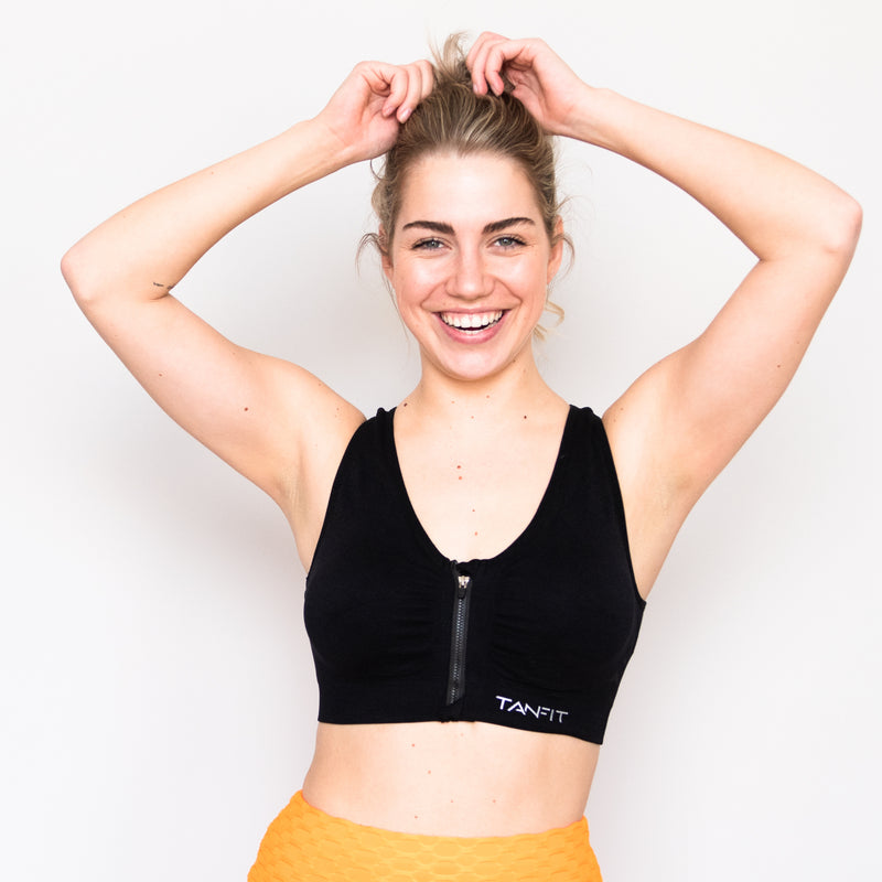 Buy Zip Front Sports bra at   Easy Wear Sports bra - Black –  Tanfit Shop